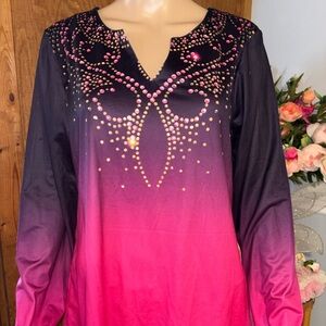 Embellished Ombre Long Sleeve Top in Pink & Black